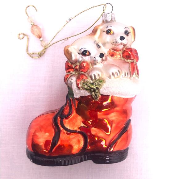 Summit Puppies in a Stocking Christmas Blown Glass Christmas Tree Ornament - Picture 6 of 13